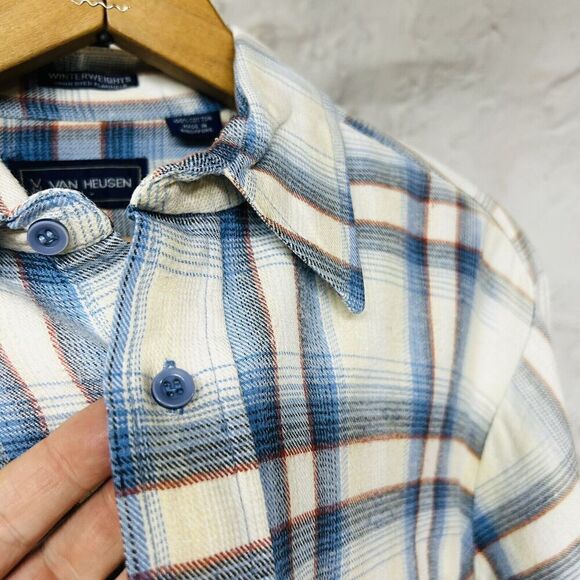 Vtg 80s Van Heusen 100% Cotton Plaid Lightweight Flannel Shirt Large White Blue - Picture 3 of 6
